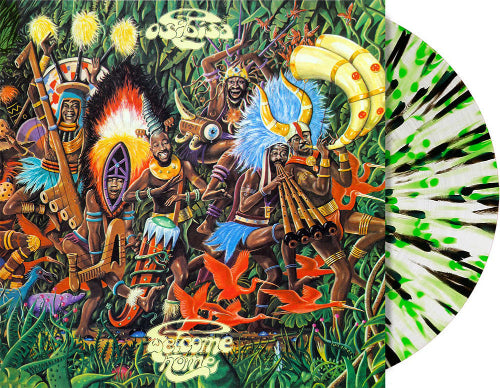 Osibisa - Welcome Home album cover and green, black, and clear splatter vinyl. 
