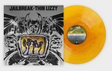 Silver album cover with "Jailbreak - Thin Lizzy' text in black, outline of a man holding a television, and cartoon image of Thin Lizzy band members running inside the television