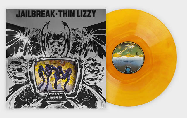 Silver album cover with "Jailbreak - Thin Lizzy' text in black, outline of a man holding a television, and cartoon image of Thin Lizzy band members running inside the television