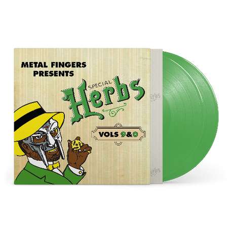 Metal Fingers Presents: Special Herbs Vol. 9 & 0 album cover and 2LP green vinyl. 