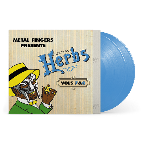 Metal Fingers Presents: Special Herbs Vol. 7 & 8 album cover and 2LP blue vinyl. 