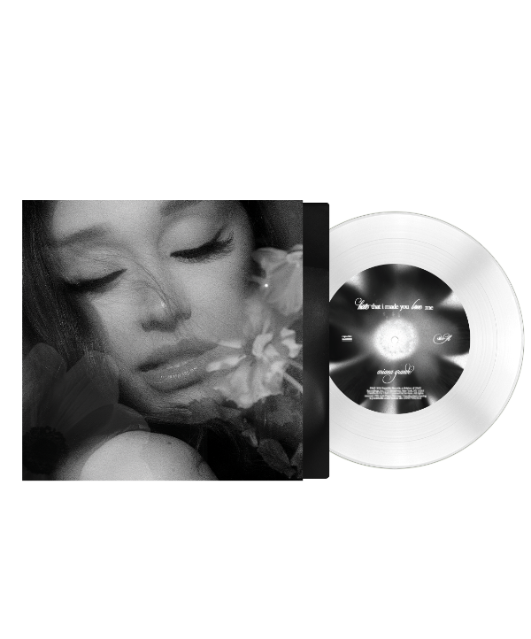 Ariana Grande "hate that i made you love me" album cover featuring a black and white image of a person holding a flower. shown with a white 7 inch vinyl record