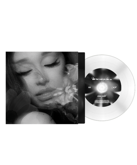 Ariana Grande "hate that i made you love me" album cover featuring a black and white image of a person holding a flower. shown with a white 7 inch vinyl record