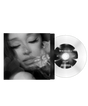 Ariana Grande "hate that i made you love me" album cover featuring a black and white image of a person holding a flower. shown with a white 7 inch vinyl record