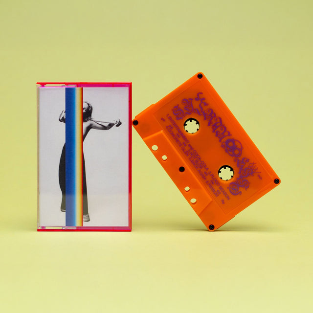 A retro-style cassette tape and its matching clear plastic case on a pale yellow background. The cassette is bright orange with purple text, and the case features a white cover with a black-and-white photo of a woman and a vertical rainbow stripe.