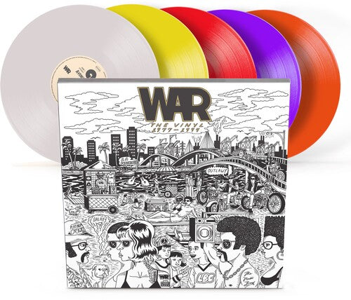 war The Vinyl 1977-1994 album cover with white, yellow, red, blue, and orange vinyl records