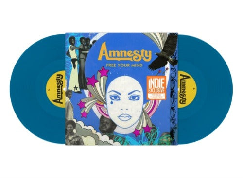 Amnesty - Free Your Mind album cover with 2 turquoise colored vinyl records