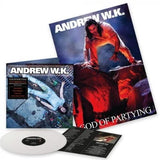 Andrew W.K. - God Is Partying album cover with white vinyl record, picture sleeve, and poster