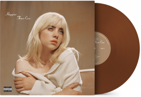 Billie Eilish - Happier Than Ever album cover with deep brown vinyl record