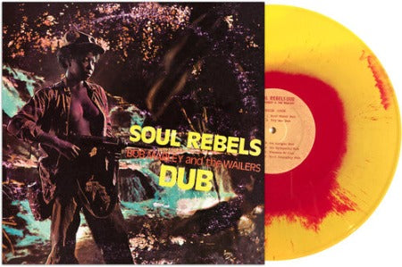Bob Marley - Soul Rebels Dub album cover with yellow and red mixed vinyl record