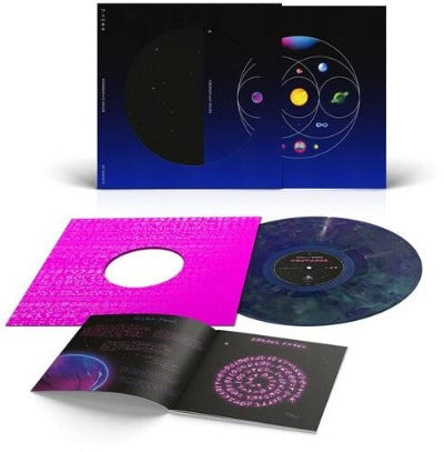 Coldplay - Music of the spheres album cover with blue/green colored vinyl record in a pink sleeve, with booklet