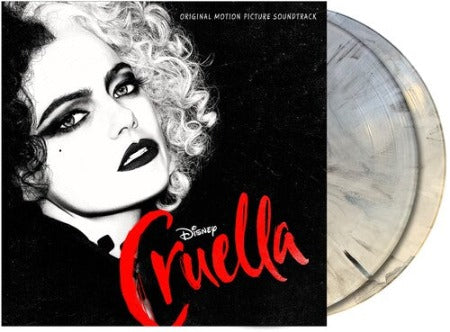 Cruella Original Motion Picture Soundtrack album cover with 2 white & black splatter colored vinyl records