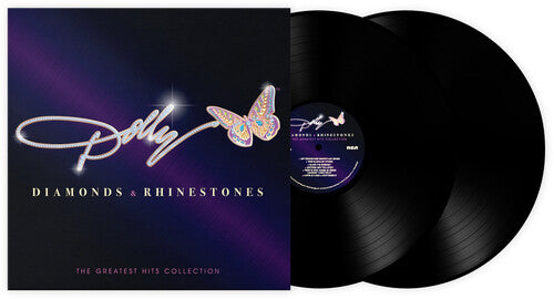 Dolly Parton - Diamonds & Rhinestones: The Greatest Hits Collection album cover and 2 black vinyl.