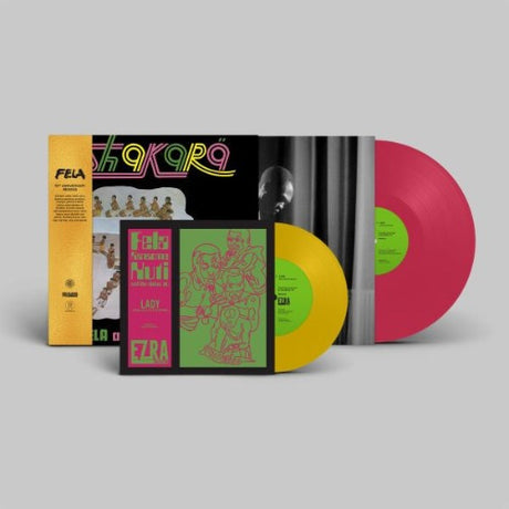 Fela Kuti - Shakara album cover, inserts, pink vinyl, and bonus yellow 7" vinyl.