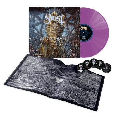 Ghost Impera album cover with orchid purple colored vinyl record and booklet with set of 5 stickers