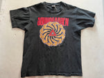 Soundgarden Badmotorfinger Vintage 1990's Promotional Black T-Shirt - front view of Red soundgarden text, gold spiral, and red badmotorfinger text in triangle