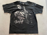 Vintage Charlie Parker Vintage 1990's Black t-Shirt - Front view image of Charlie Parker playing saxaphone in white ink with Charlie Parker signature recreation at bottom of image