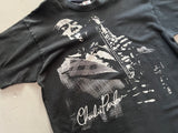 Vintage Charlie Parker Vintage 1990's Black t-Shirt - Close Up of Front view image of Charlie Parker playing saxaphone in white ink with Charlie Parker signature recreation at bottom of image