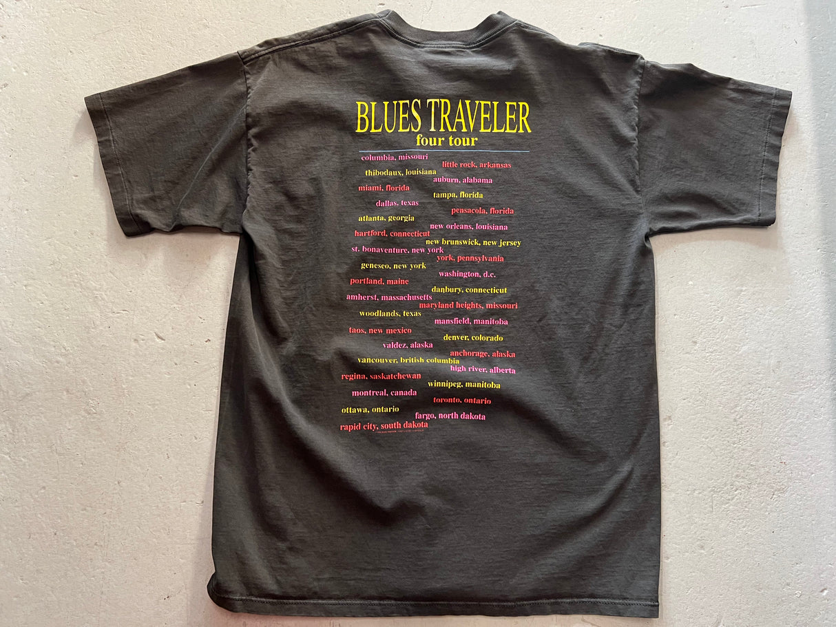 Vintage Blues Traveler Four Tour Faded Black T-Shirt - Rear View of Blues Traveler Four Tour and tour dates