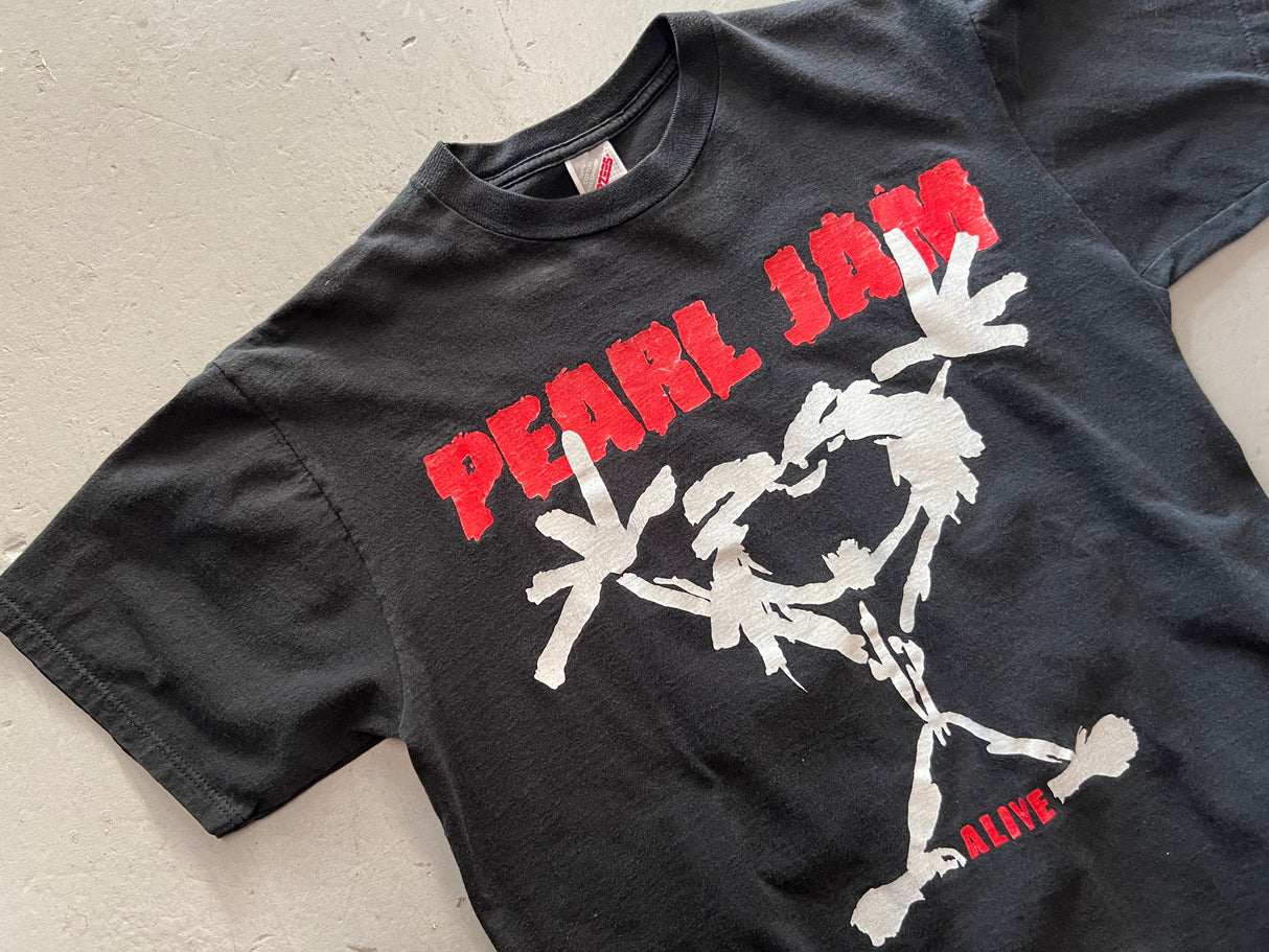 Vintage Pearl Jam Stickman Alive Shirt Black With Red text and white colored stickman Close Up