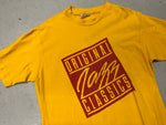 Vintage Yellow Original Jazz Classics Shirt - Close up hoto of frontside of shirt showing red Original Jazz Classics logo in red against yellow shirt