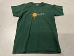 Vintage Green Tower Records Shirt - Photo of front of shirt with Tower Records Huntington, NY and half sun on front chest