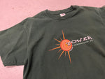 Vintage Green Tower Records Shirt - Close up Photo of front of shirt with Tower Records Huntington, NY and half sun on front chest