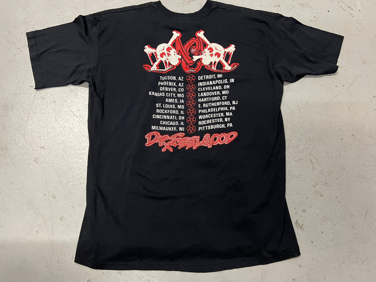 Vintage Motley Crue Dr. Feel Good Tour Shirt - Photo of backside of shirt showing Dr. Feelgood Tour tades and two skull and crossbones