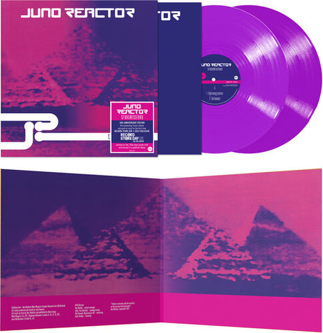 Juno Reactor - Transmissions album cover shown with two purple vinyl records