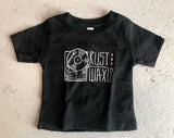 Black baby-sized t-shirt with Rust & Wax turntable logo print in white