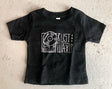 Black baby-sized t-shirt with Rust & Wax turntable logo print in white