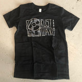 Black toddler sized t-shirt with Rust & Wax turntable logo print in white
