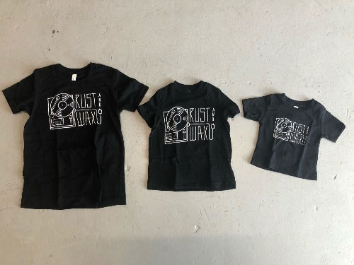 3 Black t-shirts with Rust & Wax turntable logo, shown in baby, toddler, and kids sizes