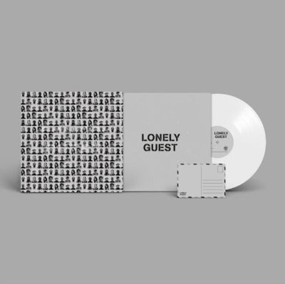 Lonely Guest self titled album cover with printed inner sleeve, white vinyl record, and promotional post card insert