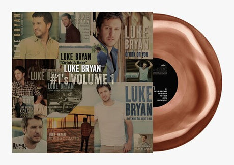 Luke Bryan - #1’s Volume 1 album cover and brown swirl vinyl. 