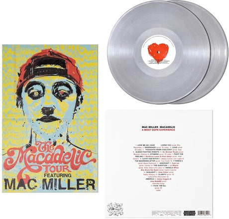 Mac Miller - back of "Macadelic" album cover, show with 2 silver vinyl records and the poster that is included with the record