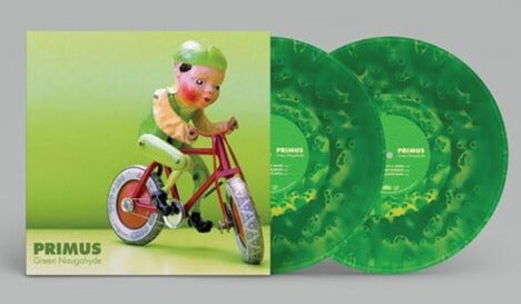 Primus - Green Naugahyde album cover with 2 green and yellow swirl colored vinyl records