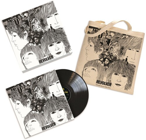 The Beatles - Revolver Special Edition album cover, black vinyl, and tote bag.
