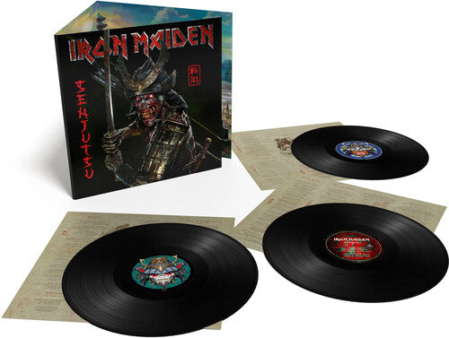 Iron Maiden - Senjutsu album shown with three black vinyls.