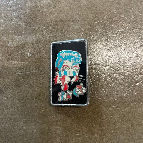 Stray Cats Enamel Pin - front image of colorful cat and "Stray Cats" against black backdrop