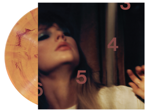 Taylor Swift - Midnights Blood Moon Edition back of album cover with yellowish-red marble vinyl record
