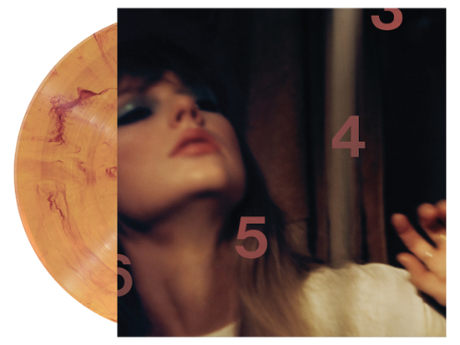 Taylor Swift - Midnights Blood Moon Edition back of album cover with yellowish-red marble vinyl record
