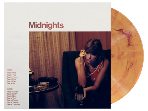 Taylor Swift - Midnights Blood Moon Edition album cover with yellowish-red marble vinyl record