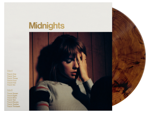 Taylor Swift - Midnights Mahogany Edition album cover with mahogany marble vinyl record