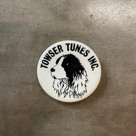 Towser Tunes Inc Pin Front with dog image against white backdrop