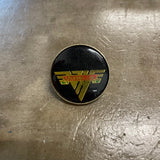 Van Halen enamel pin front image Van Halen logo in red and gold on black backdrop